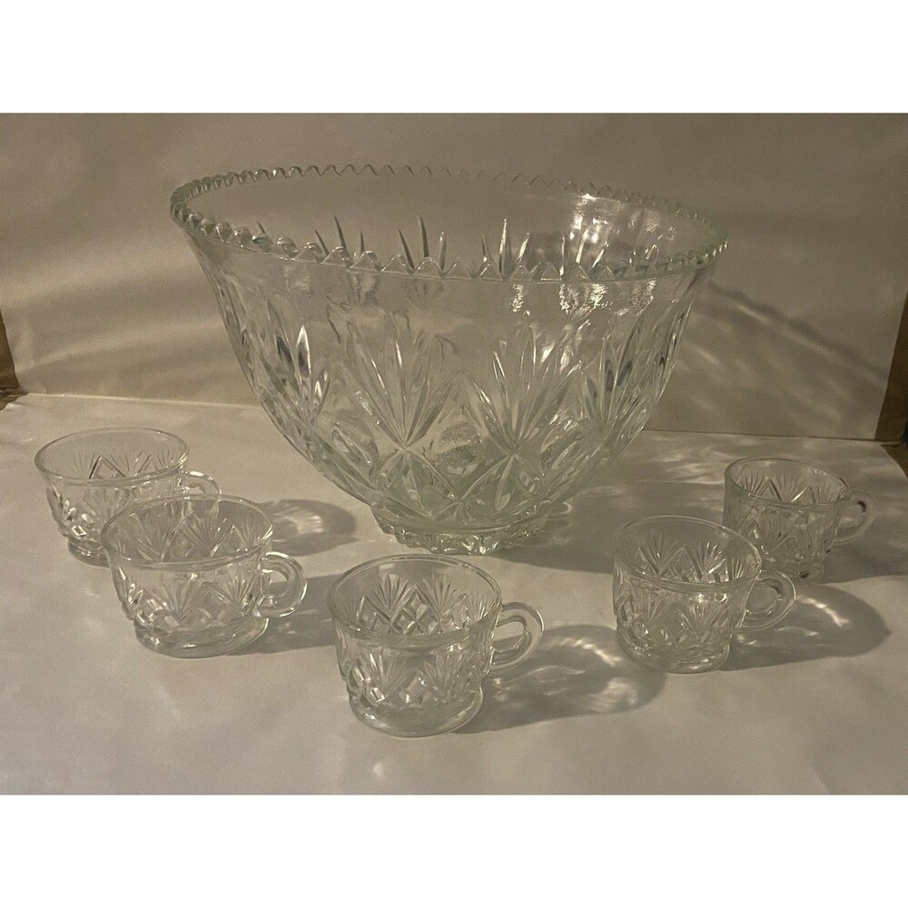 Hazel Atlas Heritage clear glass punch bowl set CRACKED BOWL READ